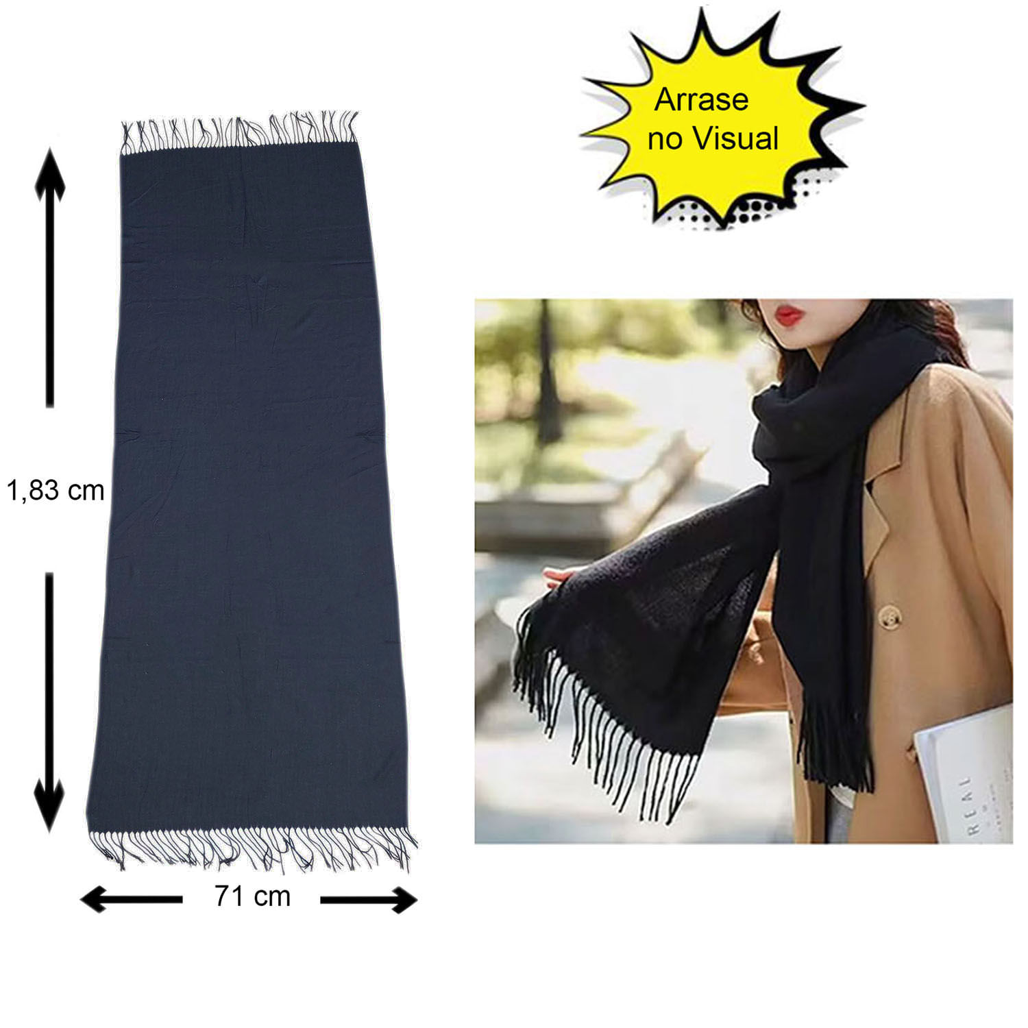 Pashmina Cachecol Scarf Xale Echarpe Lenço Longo Inverno Cor Preto