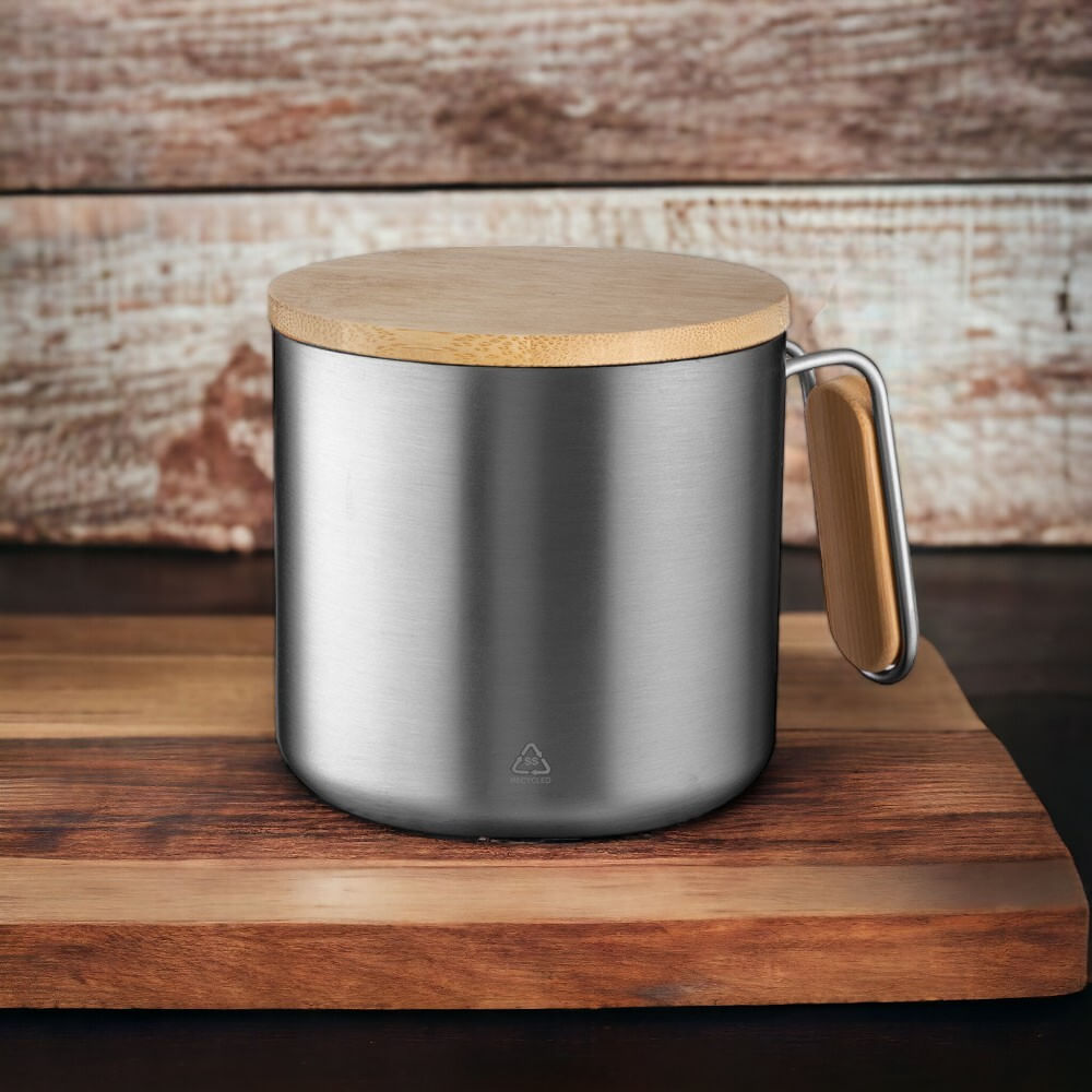 Caneca Térmica De Aço Inox Com Tampa De Bambu E Isolamento A Vácuo 380ml Prata