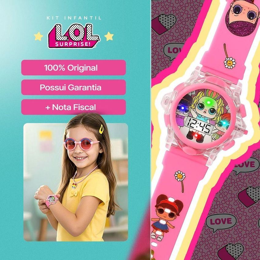 Relógio Infantil Digital Kit Lol Para Menina Com Pulseira Em Silicone Com Óculos De Sol E Colar Rosa - imagem 4