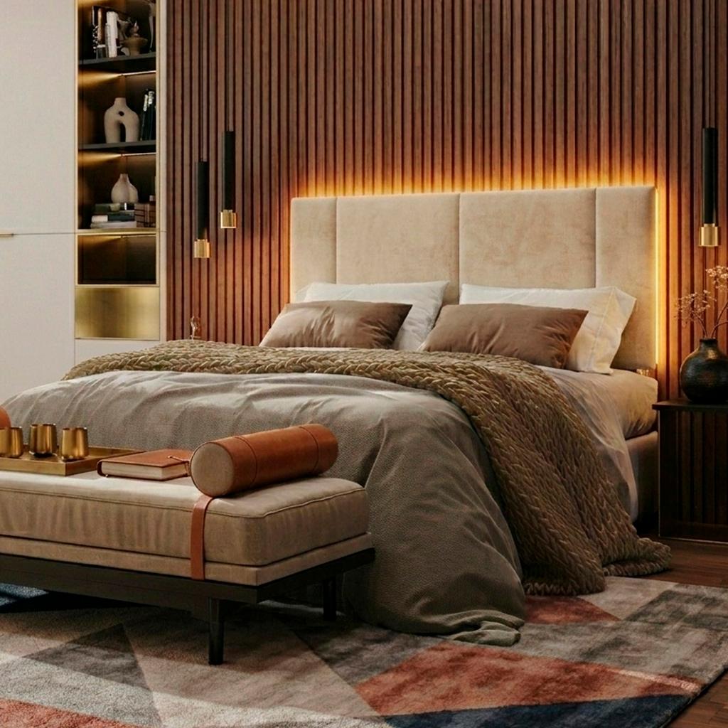 Cabeceira Casal Estofada Com Led - Suede Bege