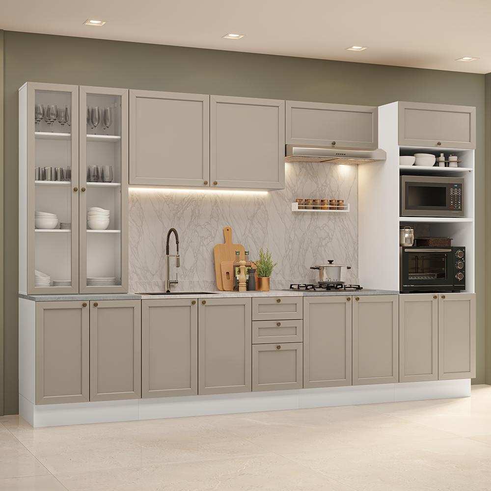 Armário De Cozinha Completa 340 Cm Branco/Crema Vik Madesa 01