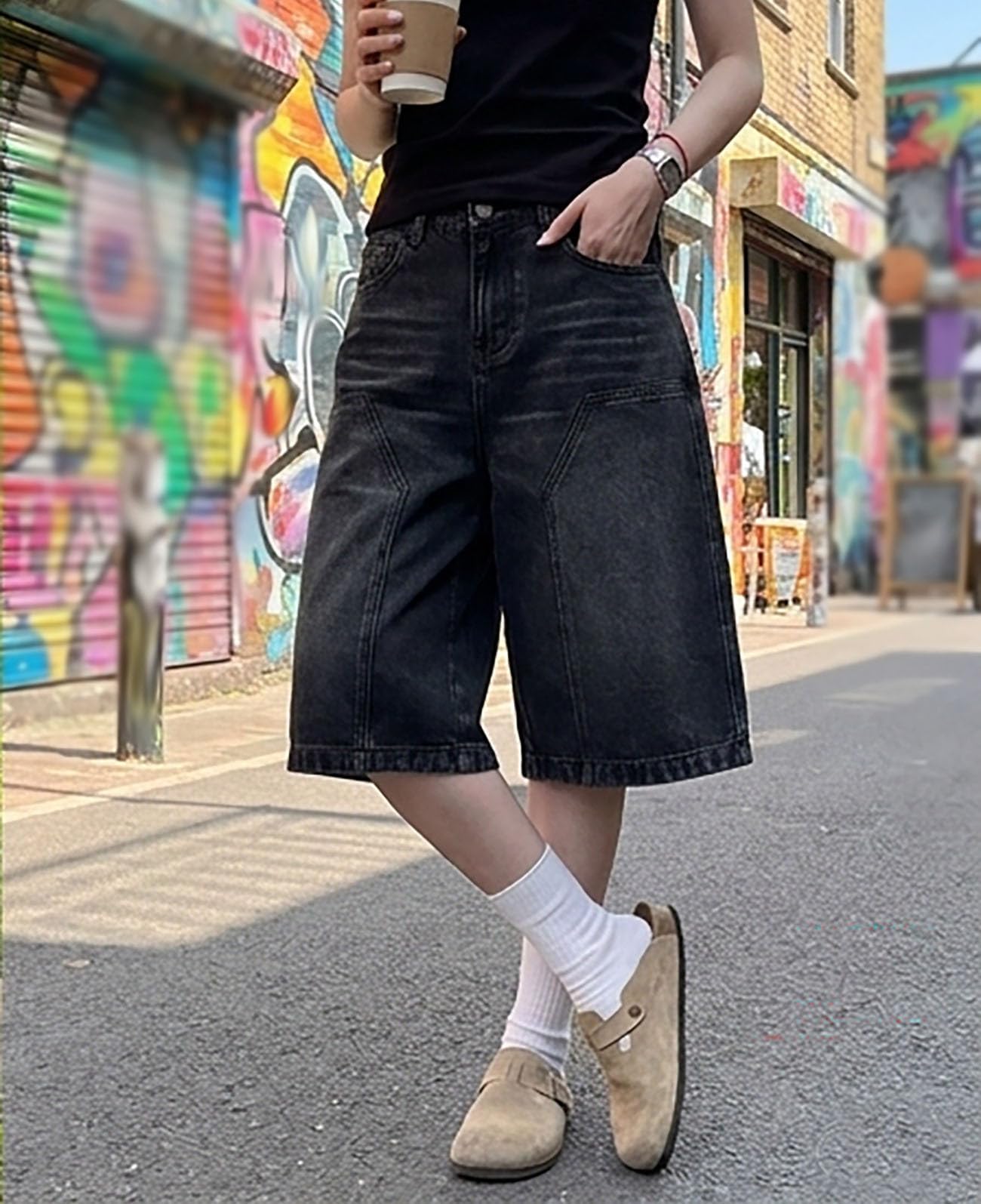 Shorts Hugboom Baggy Jean Para Mulheres Y2k Wide Leg Jeans Pretos