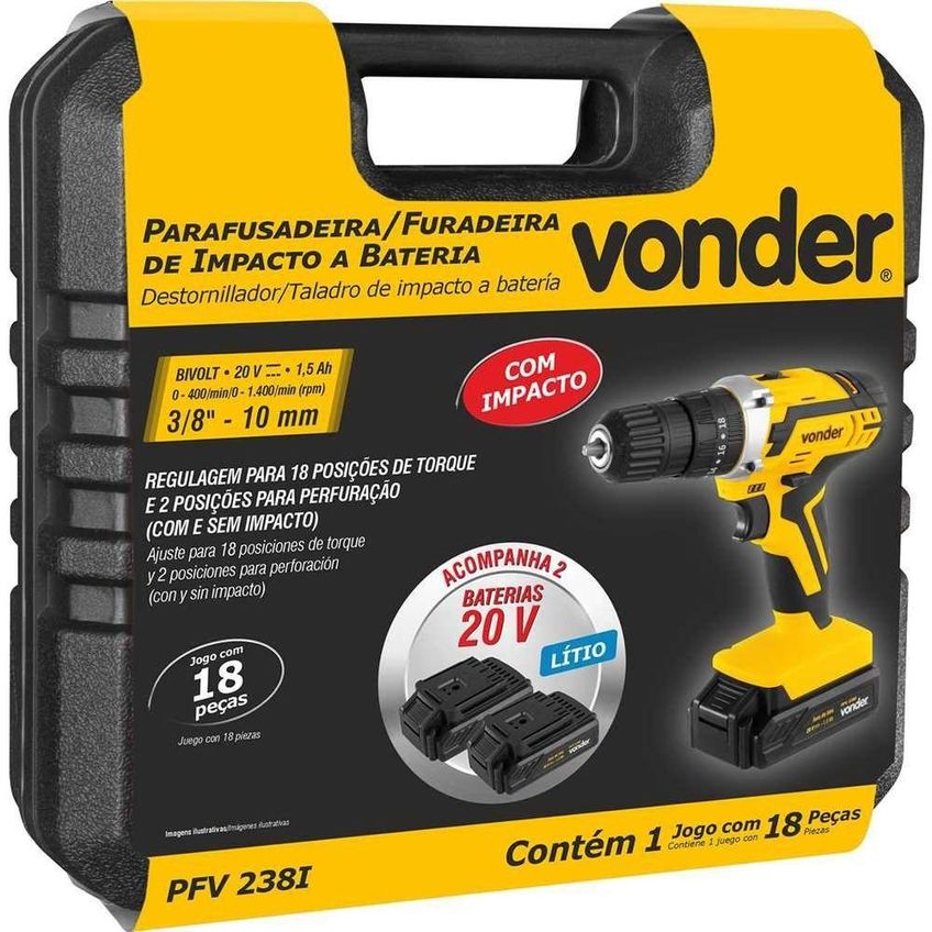 Parafusadeira/Furadeira Vonder 20 V Com 2 Baterias Maleta Acessórios Led Bivolt 18 Posições De - imagem 3