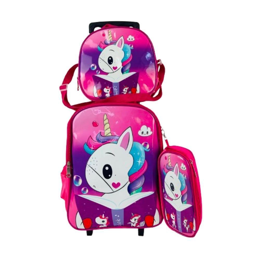 Conjunto Mochila Com Rodinha Lancheira Estojo Unicornio Rosa