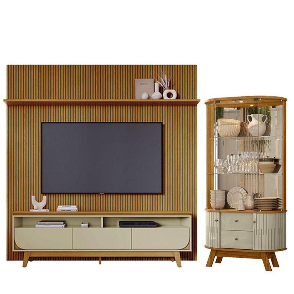 Estante Home Theater Com Bancada Suspensa Luna Com Cristaleira Moss Cumaru Opala - Madetec