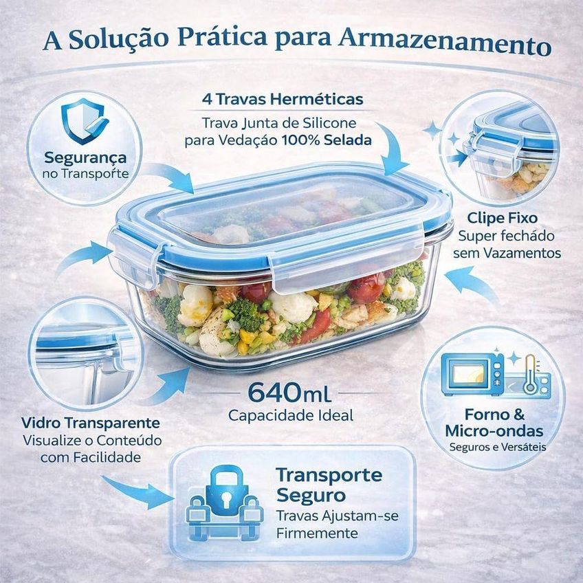 Kit 6 Potes De Vidro Hermético 640ml Para Marmita Fit Borossilicato Freezer Micro-ondas Azul - imagem 3