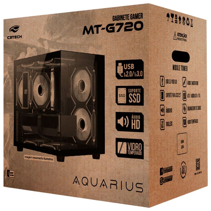 Gabinete Gamer Aquário C3tech Gaming Aquarius Mt-g720bk, Frontal E Lateral Em Vidro Temperado, Usb 3.0, Atx - Preto - imagem 4