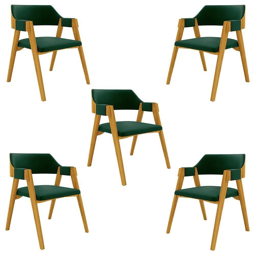 Kit 5 Cadeiras Sala De Jantar E Jogos Poker Madeira Maciça Veludo Verde-mel Gran Belo