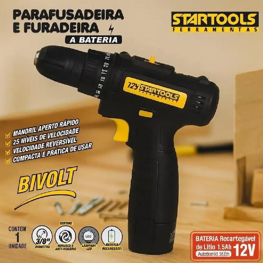 Parafusadeira E Furadeira Yeet 12v A Bateria Com Mandril 10mm E Led Para Uso Doméstico Bivolt - imagem 3