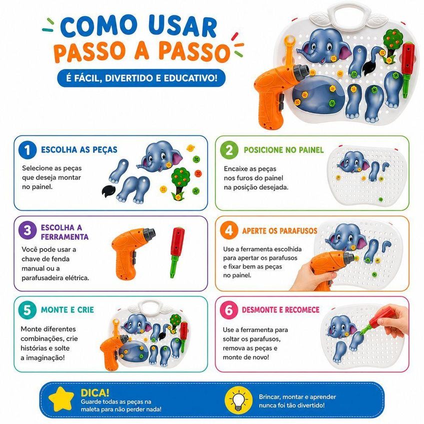 Kit Educativo Infantil Monta E Desmonta Com Parafusadeira Maleta De Atividades Criativas Cheguei Br - imagem 3
