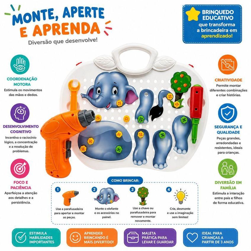 Kit Educativo Infantil Monta E Desmonta Com Parafusadeira Maleta De Atividades Criativas Cheguei Br - imagem 4