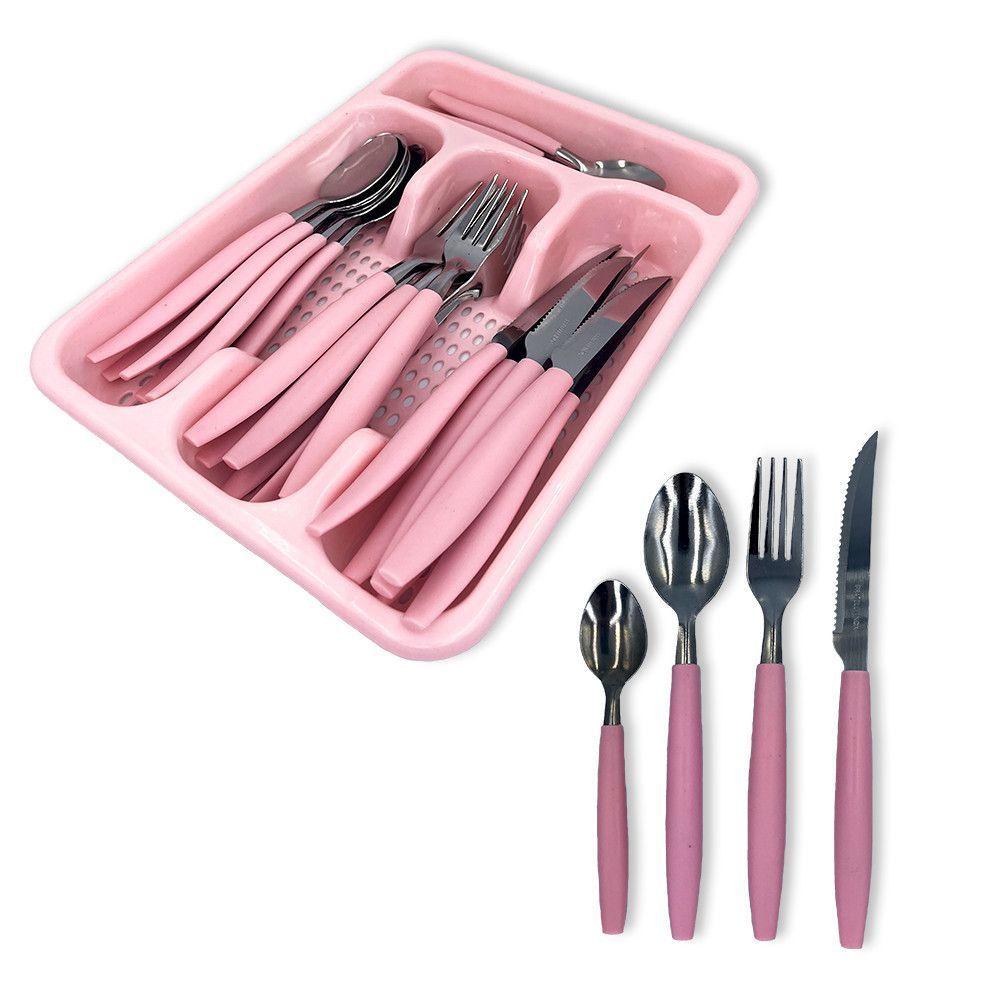 Jogo De Talheres 24 Peças Aço Inox Com Gaveteiro Cabos Polipropileno Rosa Fratelli