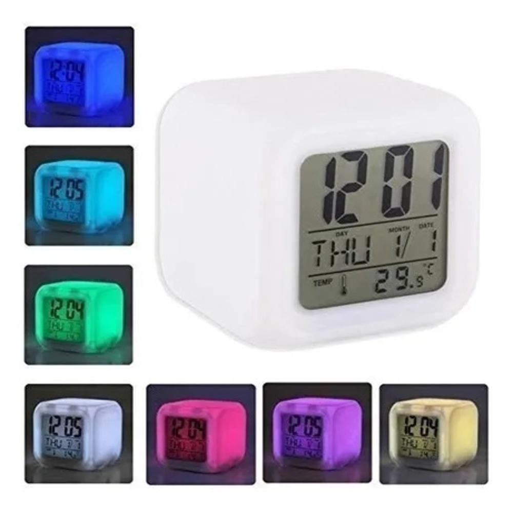 Relógio Despertador Digital Cubo Com Luminária Led 7 Cores Termômetro Calendário Infantil Branco