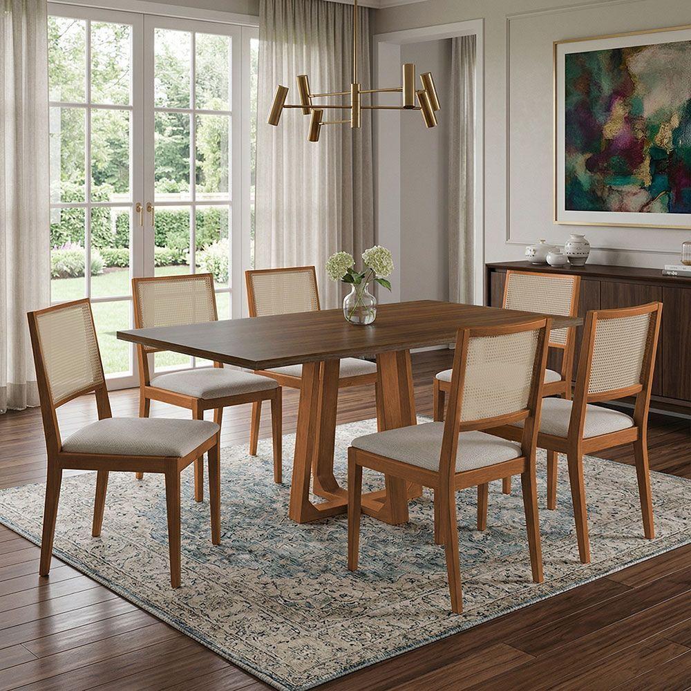 Conjunto De Jantar Juliaa 6 Lugares Tampo Mdf Freijó Com Cadeiras Suellen Linho Bege Ideal Decor