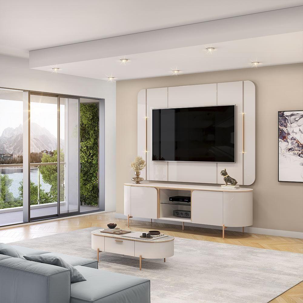 Painel E Bancada Para Tv 65 Deep Com Luminárias Douradas Offwhite G18 Em Mdf Gran Belo