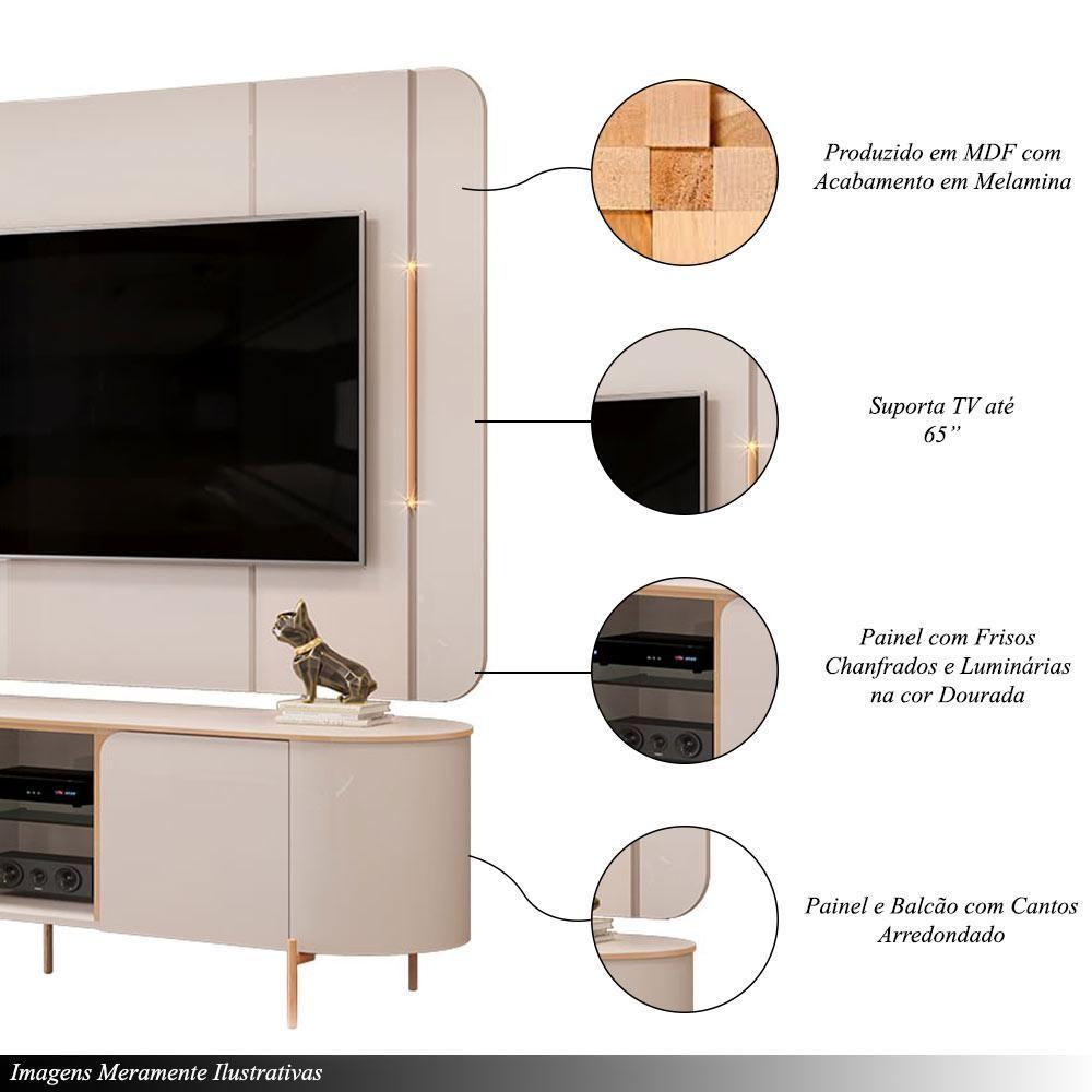 Encontraproduto.com.br - Painel E Bancada Para Tv 65 Deep Com Luminárias Douradas Offwhite G18 Em Mdf Gran Belo