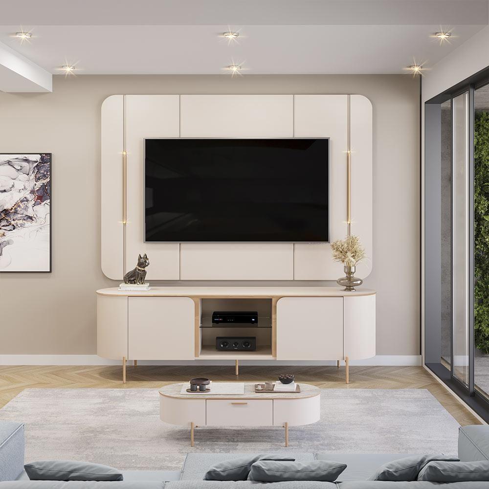 Encontraproduto.com.br - Painel E Bancada Para Tv 65 Deep Com Luminárias Douradas Offwhite G18 Em Mdf Gran Belo