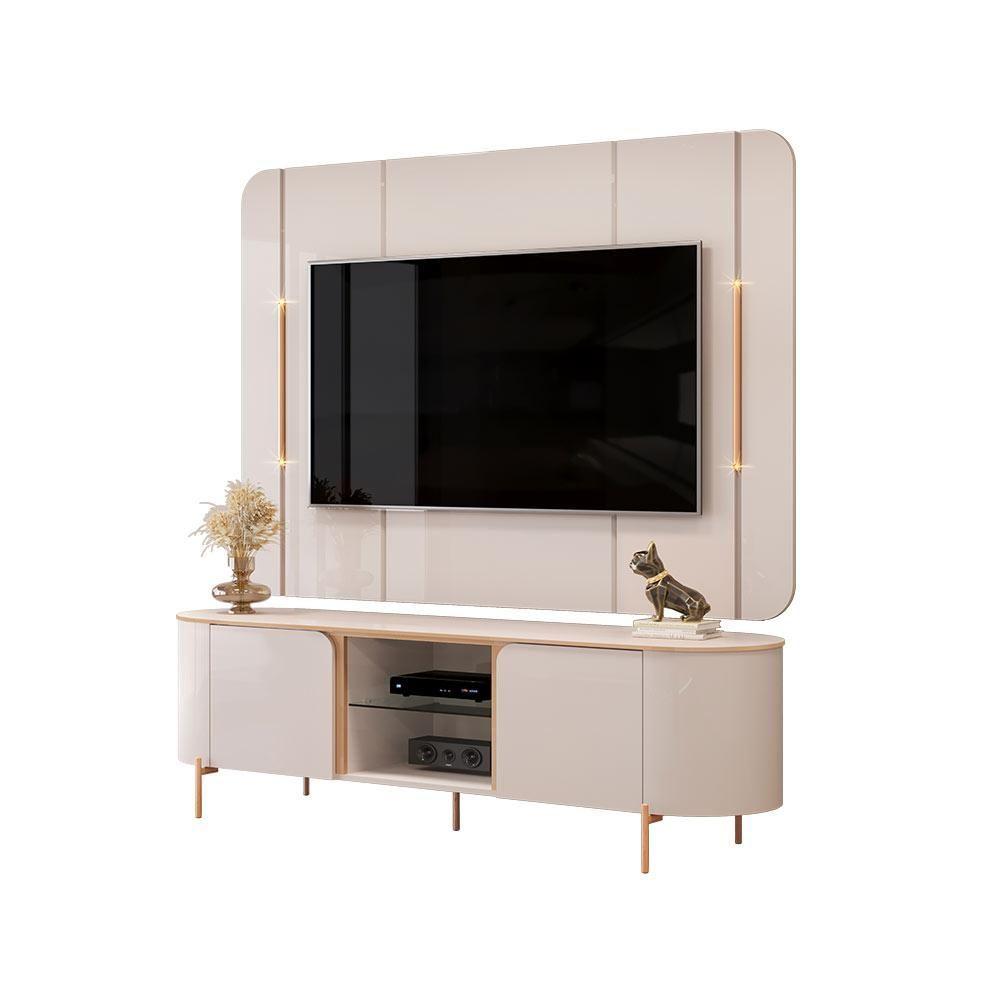 Encontraproduto.com.br - Painel E Bancada Para Tv 65 Deep Com Luminárias Douradas Offwhite G18 Em Mdf Gran Belo