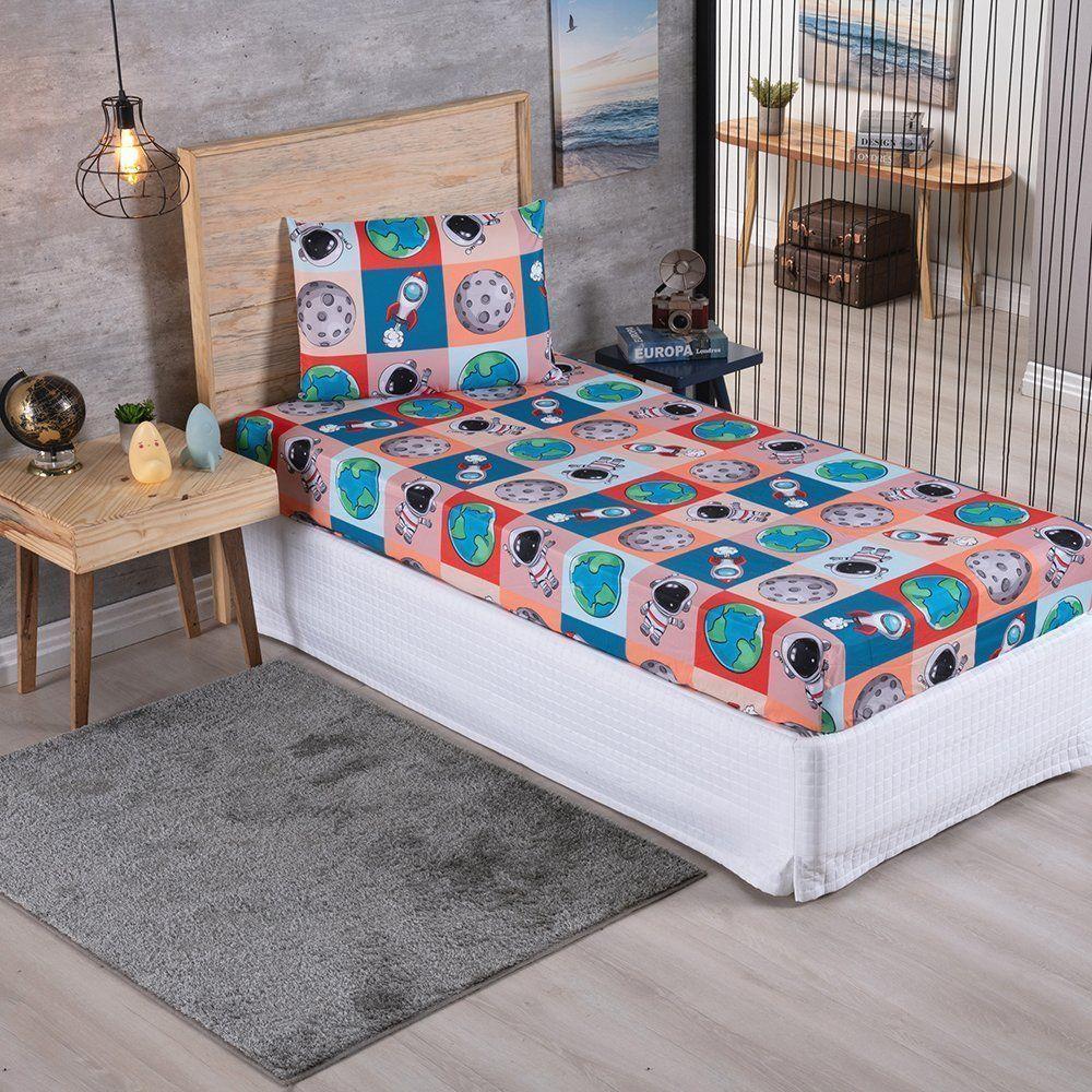 Jogo De Cama Alegria Infantil Solteiro Micropercal 200 Fios Astronauta Enxovais Aquarela