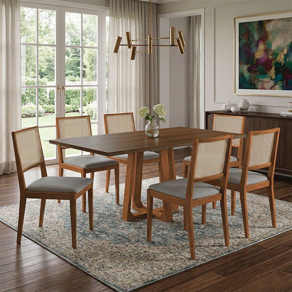 Conjunto De Jantar Juliaa 6 Lugares Tampo Freijó Com Cadeiras Suellen Cinza Ideal Decor