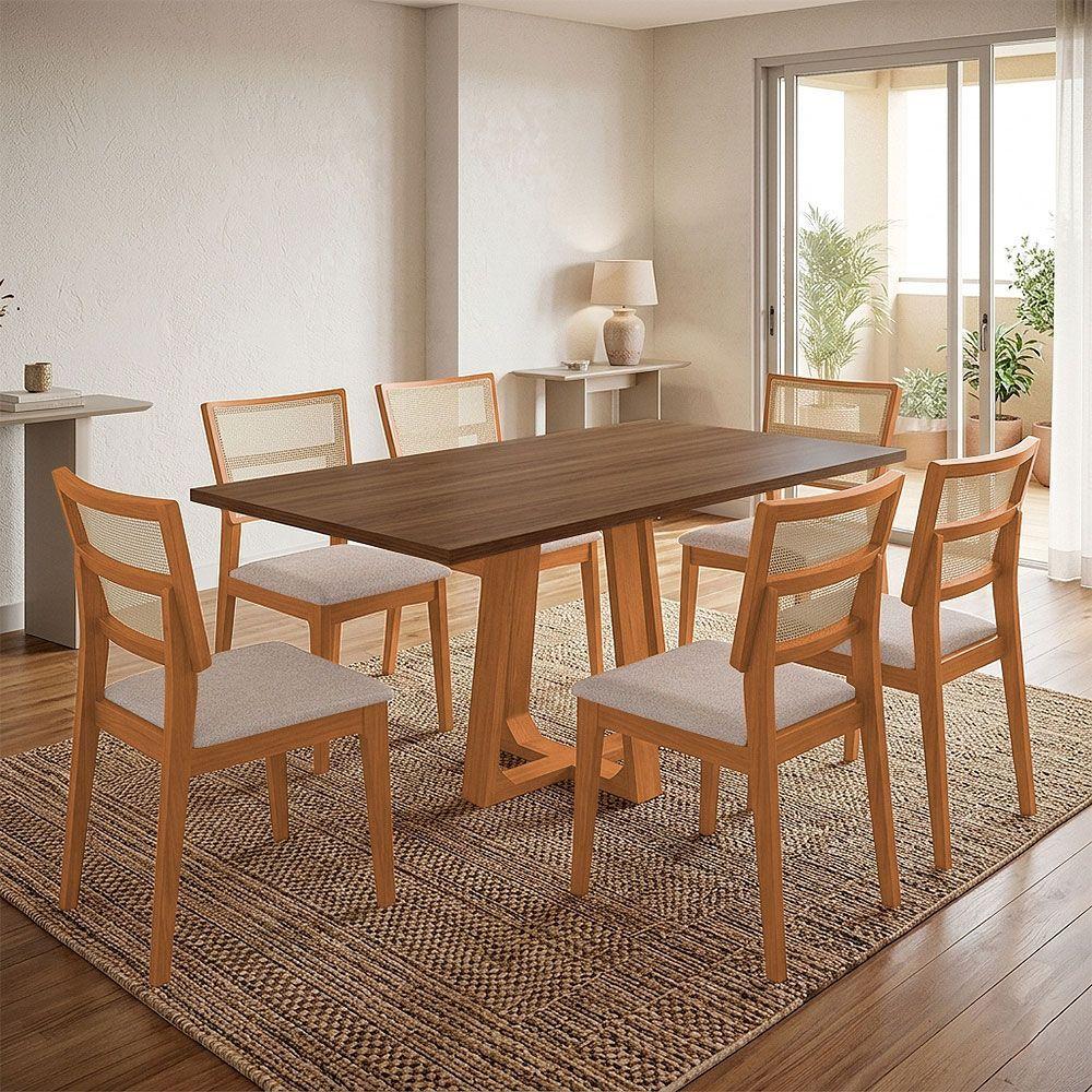 Conjunto De Jantar Julia Com Manuela Premium 6 Lugares Tampo Mdf Freijó Bege Veludo Ideal Decor
