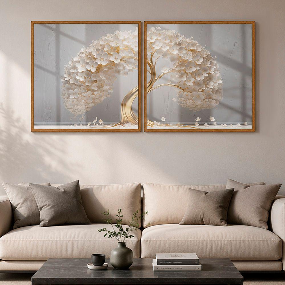 Quadro Decorativo Árvore De Ouro Das Flores Brancas 90x90cm Moldura Freijo Soleil Home Decor