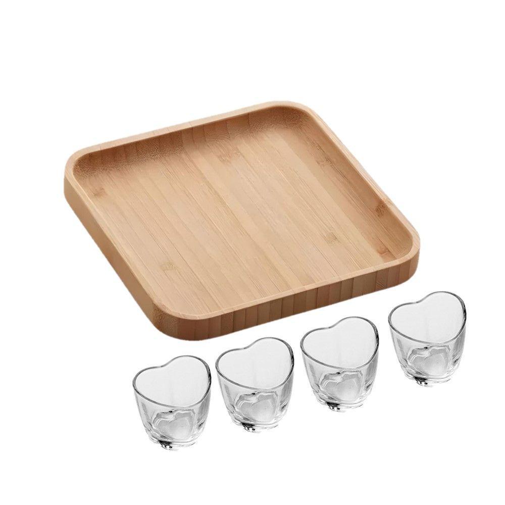 Kit 4 Copos De Dose Shot Coração Com Bandeja De Bambu Para Petiscos Vidro Transparente Lyor