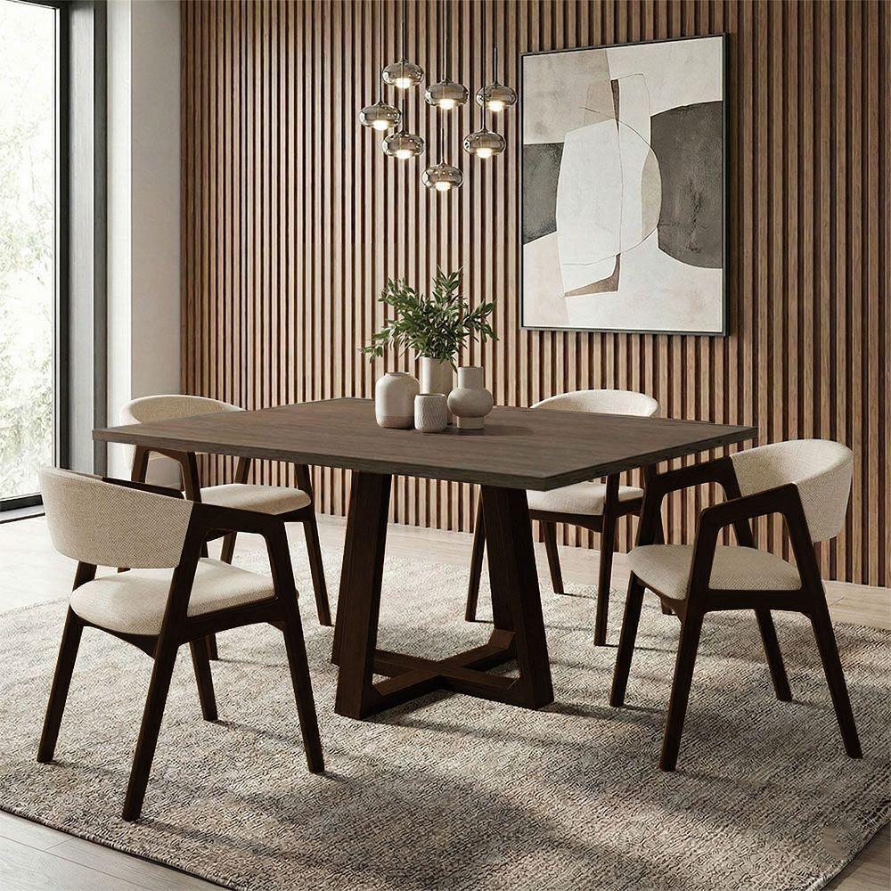 Conjunto De Jantar Isabela 4 Lugares Tampo Freijó 120cm Bege Linho Ideal Decor