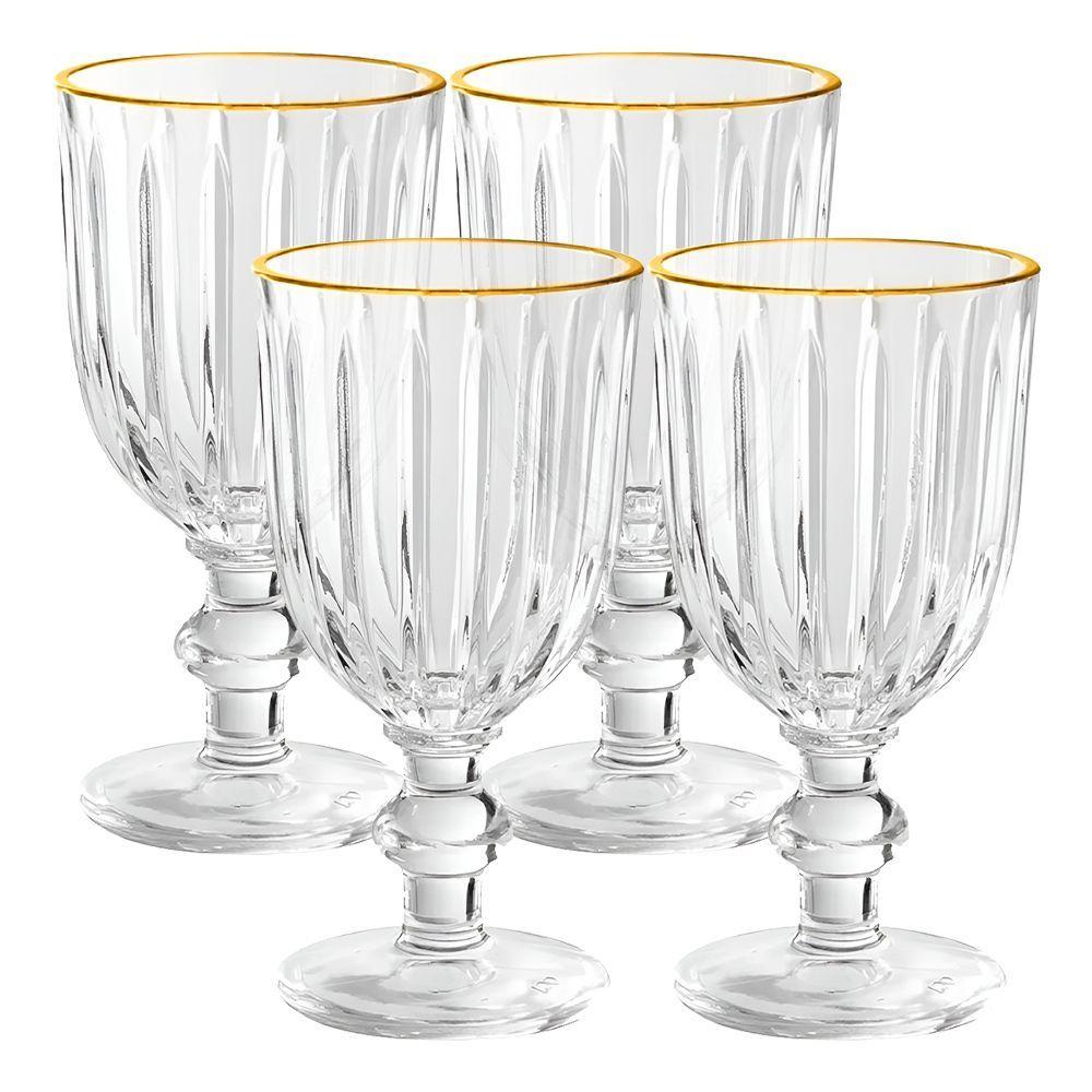 Jogo 4 Taças De Vidro Melina Premium Para Água Borda Dourada 260ml Transparente Hauskraft
