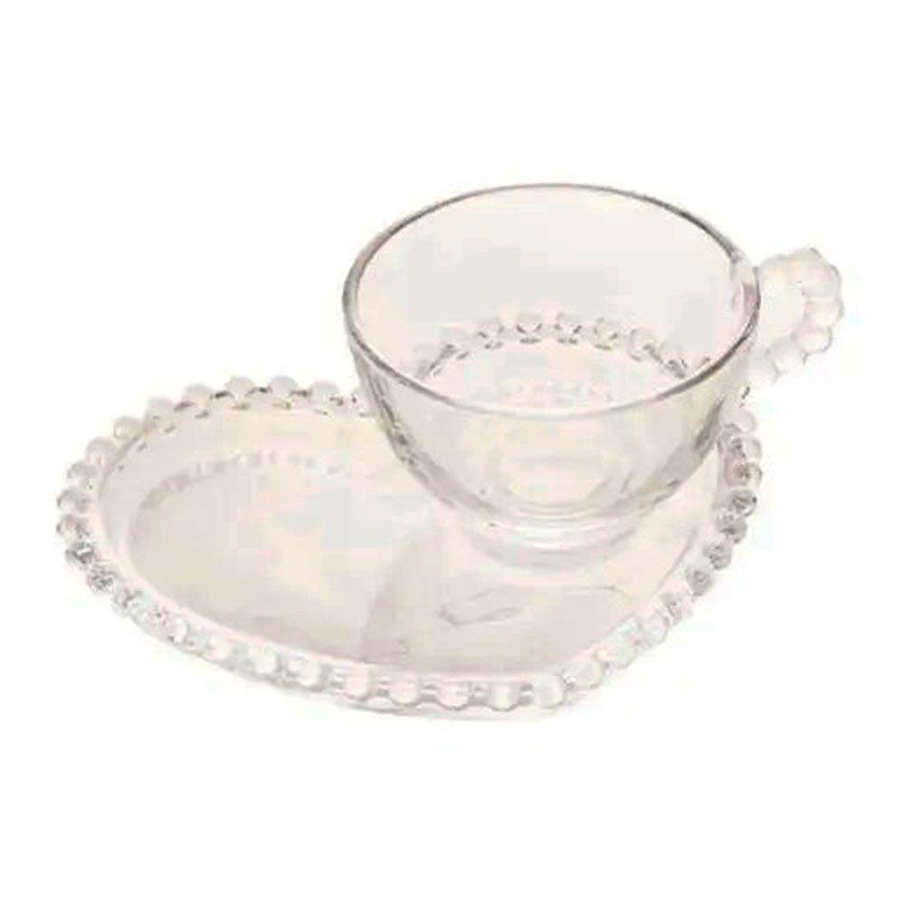Jogo 12 Xícaras De Chá Coração Com Pires Cristal 170ml Transparente Lyor