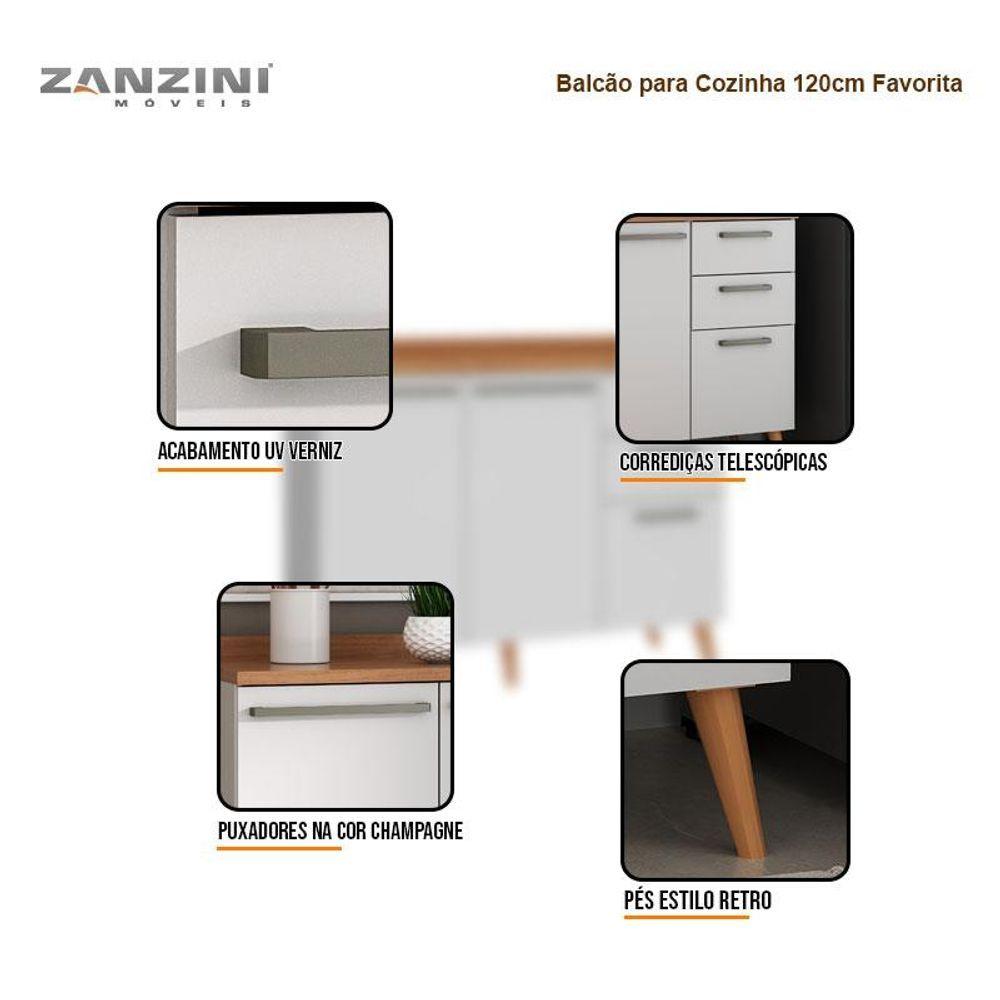 Balcão Para Cozinha Favorita 2 Portas 3 Gavetas 120cm Branco Fosco