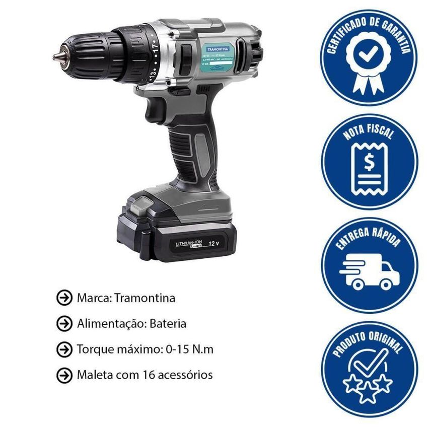 Parafusadeira E Furadeira Tramontina 12v À Bateria Com Maleta 16 Peças Cinza Bivolt - imagem 5