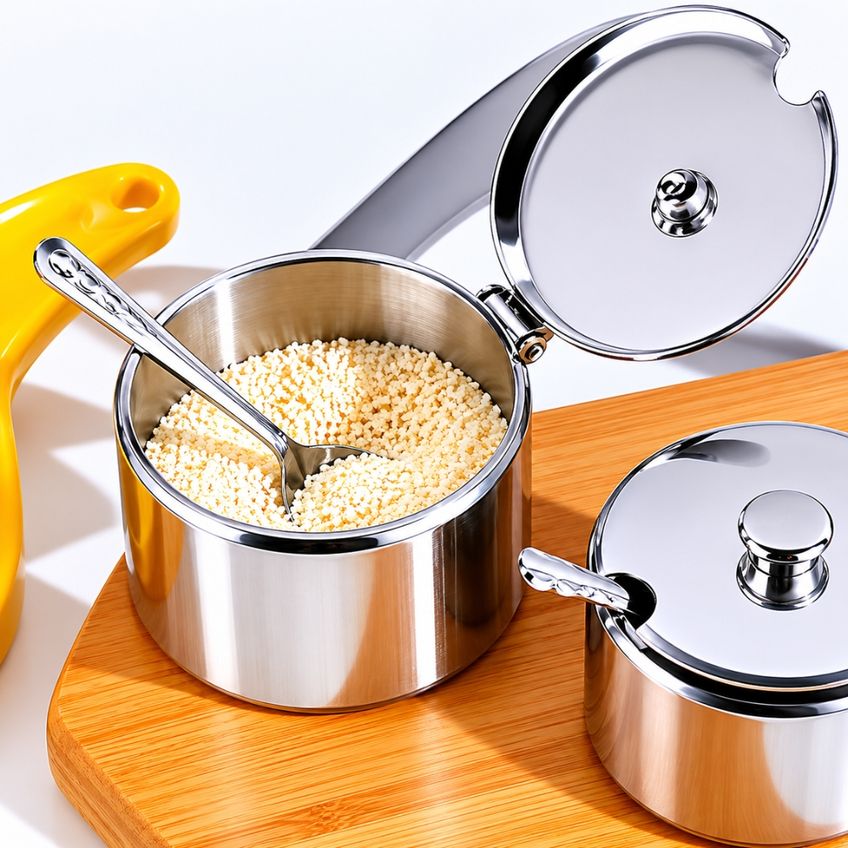 Açucareiro Em Aço Inox Com Colher Tampa E Alça Linha Luxo 300ml - Restaurante Hotel Industrial Copa Cozinha - Panami - imagem 4