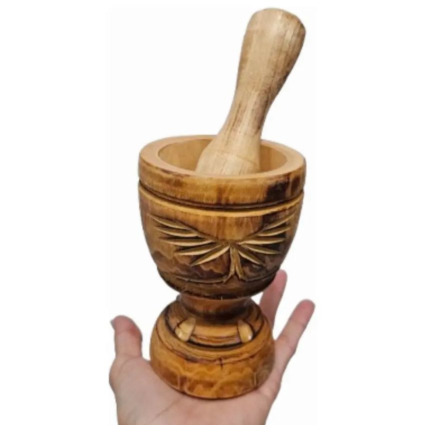 Pilão Com Socador Grande 20x8 Cm Para Alho Madeira Maciça Artesanal - Sal Pimenta Pilao Temperos Caipirinha - Panami - imagem 3