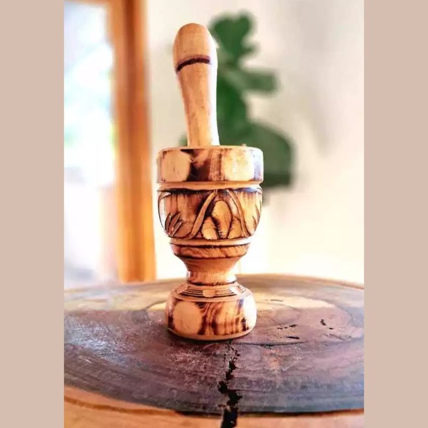 Pilão Com Socador Grande 20x8 Cm Para Alho Madeira Maciça Artesanal - Sal Pimenta Pilao Temperos Caipirinha - Panami - imagem 5