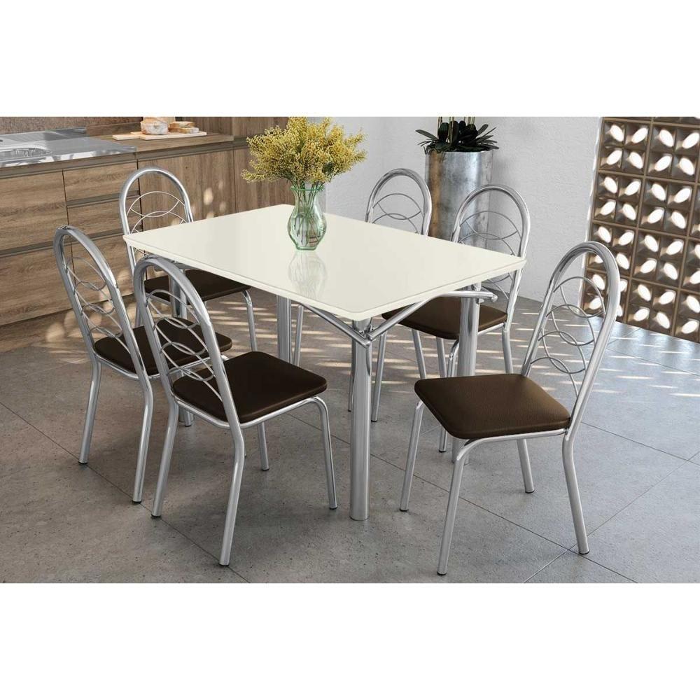 Conjunto De Jantar Mesa Elba M004 Tampo Mdf-Vidro 120cm Com 6 Cadeiras Holanda Courano Marrom