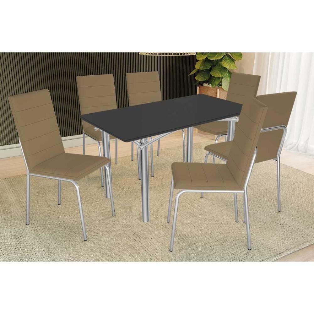 Conjunto De Jantar Elba M004 6 Lugares Tampo Em Mdf Com Vidro Cromada-preto Corano Capuccino