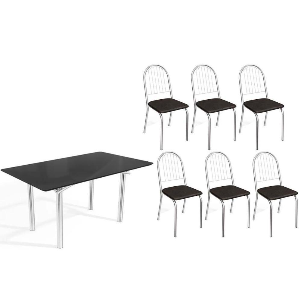 Conjunto De Jantar Elba 6 Lugares Mesa Tampo Madeirado Com Vidro E Cadeiras Noruega Preto Kappesberg