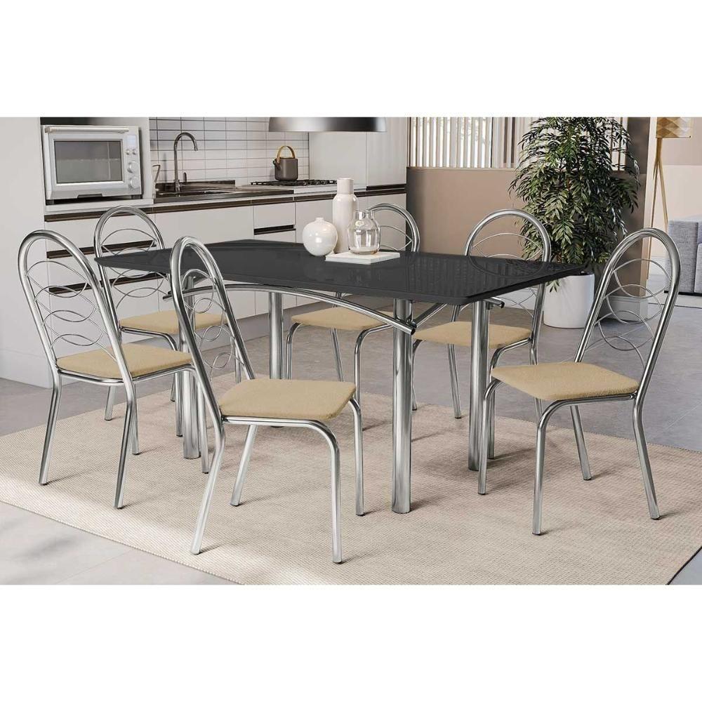 Conjunto De Jantar Elba M004 6 Lugares Tampo Madeirado Com Vidro 160cm Preto Corano Bege Kappesberg