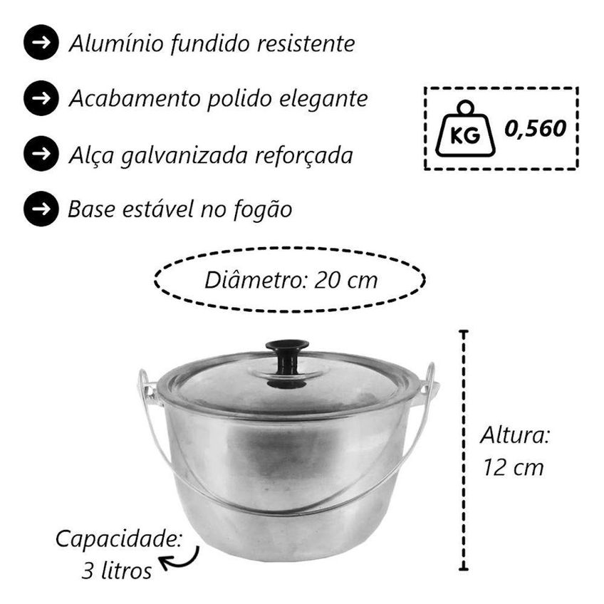 Caldeirão 223-df De Alumínio Polido 20cm Prata Para Uso Profissional Alumínio Fortaleza - imagem 3