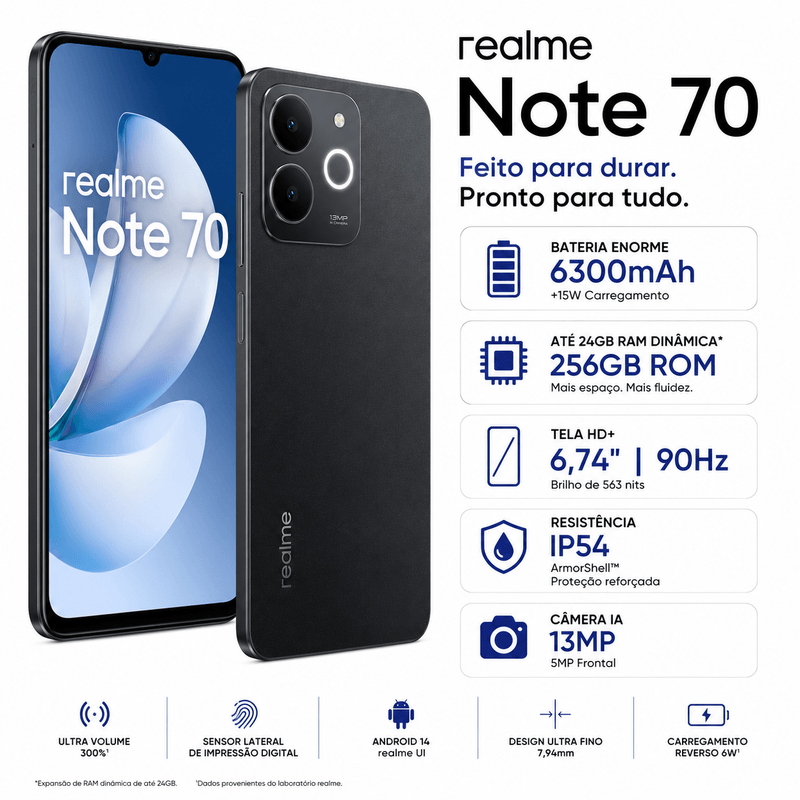 Smartphone Realme Note 70 128gb 4gb Ram Tela 90hz Bateria 6300mah