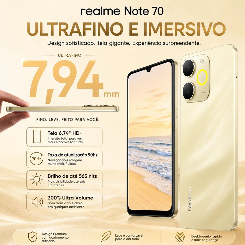 Smartphone Realme Note 70 256gb 4gb Ram Tela 90hz Bateria 6300mah