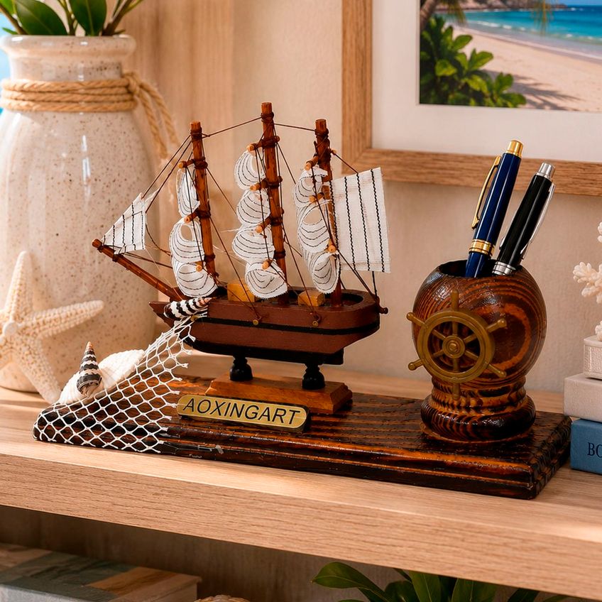 Porta Caneta Barco Navio Caravela Náutica Enfeite Casa Praia - imagem 4