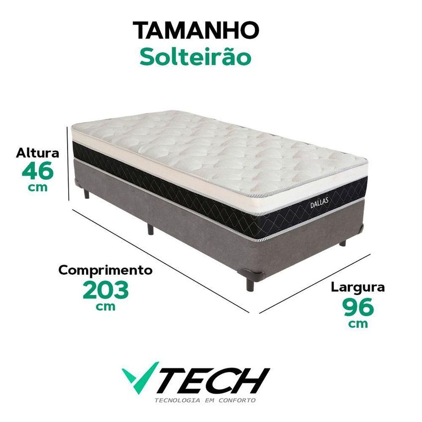 Cama Box Com Colchão Solteirão Dallas Euro Pillow Molas Ensacadas Tecido Cinza Vtech - imagem 3