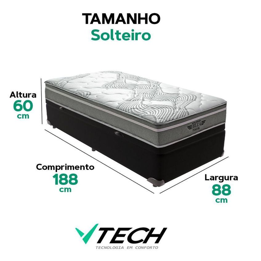 Cama Box Com Baú Solteiro Bravus Pillow Top Molas Ensacadas Preto Vtech - imagem 3