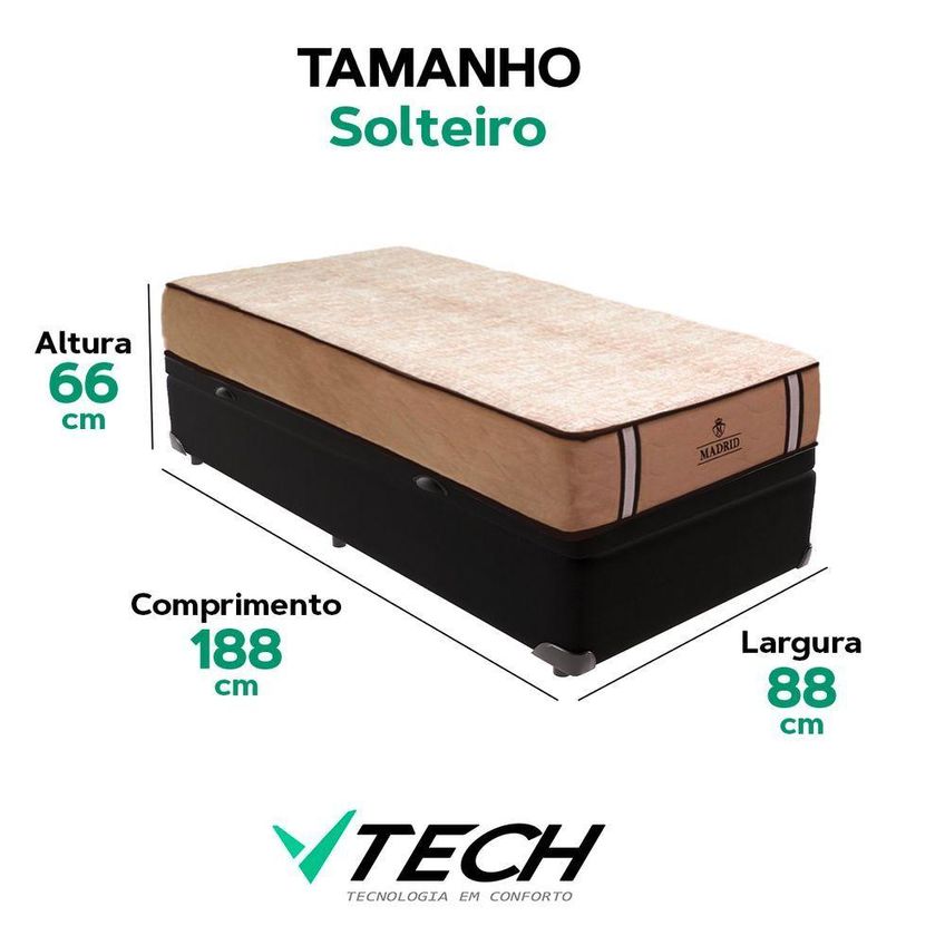 Cama Box Com Baú Solteiro Bravus Pillow Top Molas Ensacadas Preto Vtech - imagem 3
