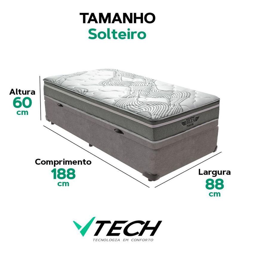 Cama Box Com Baú Solteiro Bravus Pillow Top Molas Ensacadas Courino Cinza Vtech - imagem 5