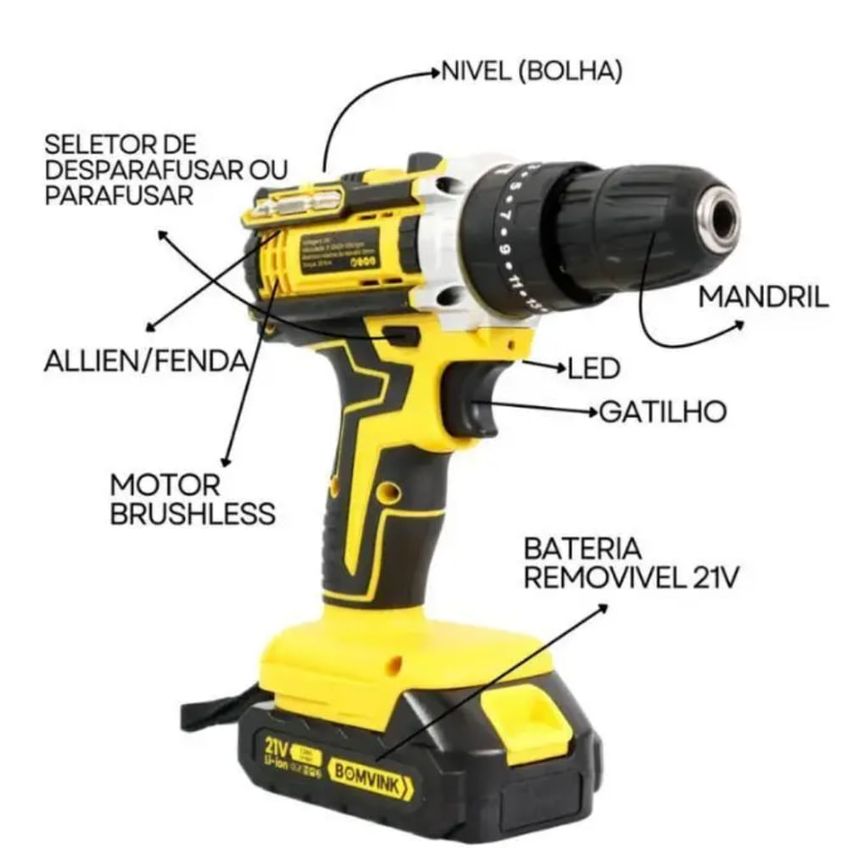 Parafusadeira E Furadeira De Impacto 21 Volts Com 1 Bateria Bivolt 0015 Bomvink Bomvink - imagem 2