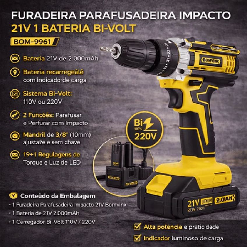 Parafusadeira E Furadeira De Impacto 21 Volts Com 1 Bateria Bivolt 0015 Bomvink Bomvink - imagem 5