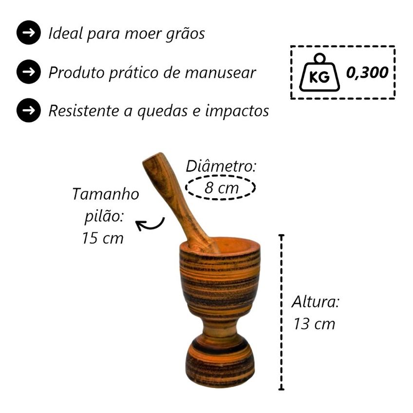 Pilão Socador Em Madeira Culinária Alho Pasta Grão 13x8cm P - imagem 5